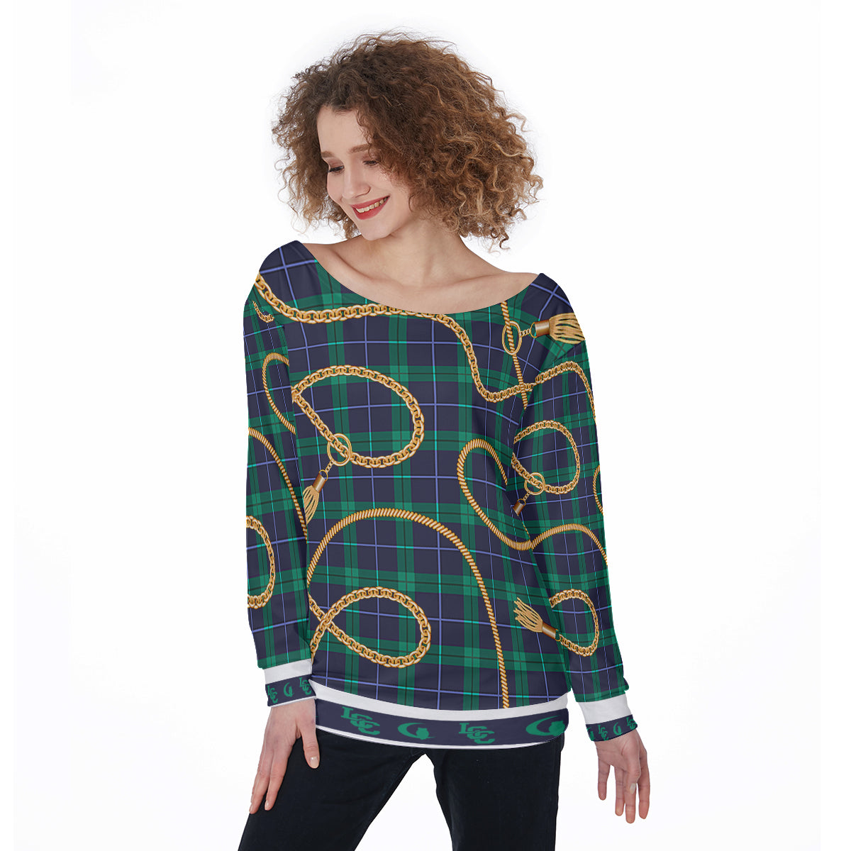 PLAID OF GOLD Off-Shoulder Sweatshirt