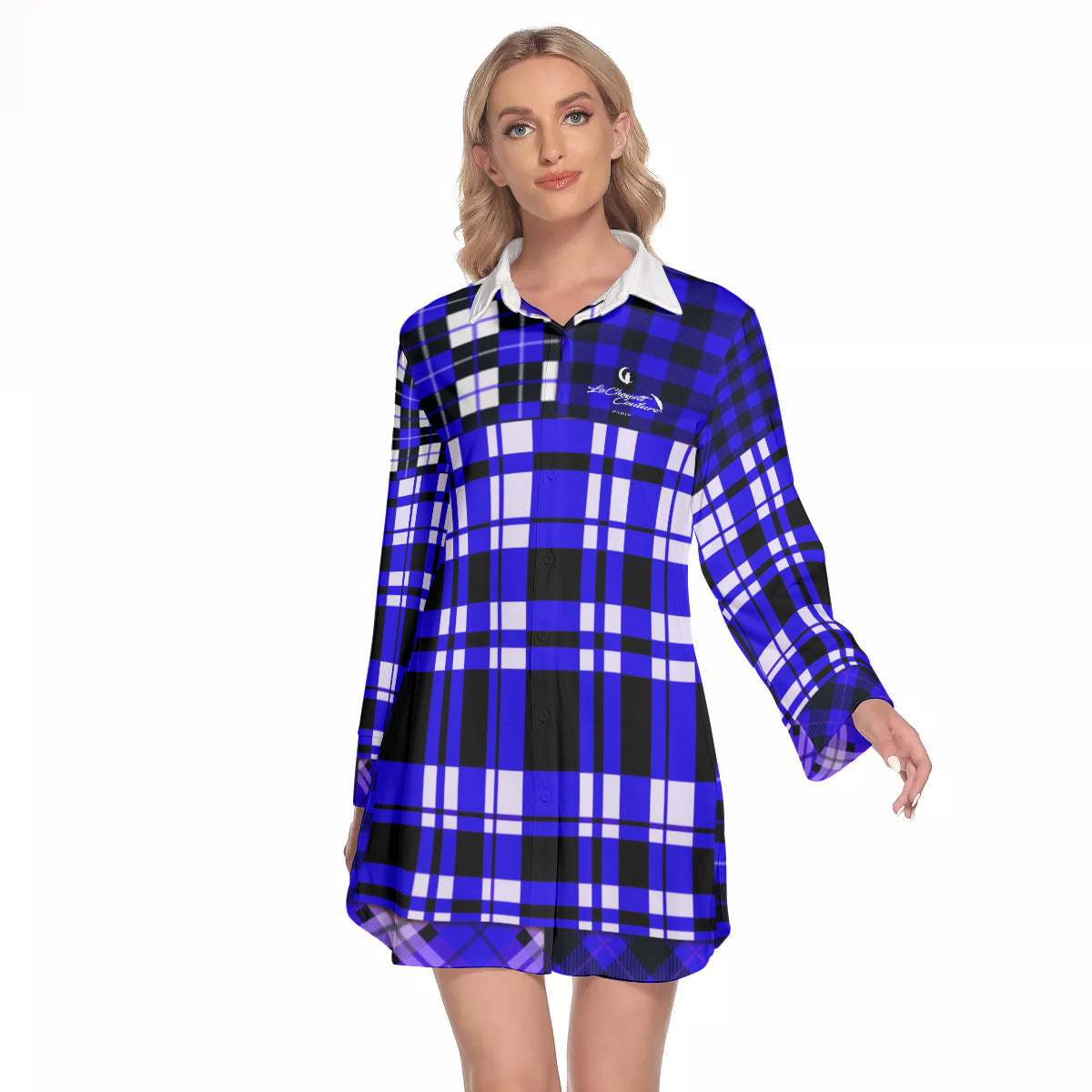 FLEXIN PLAID BLUE Women's Lapel Shirt Dress With Long Sleeve