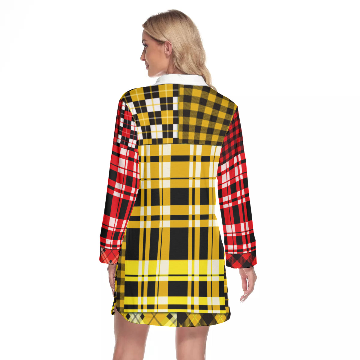 FLEXIN PLAID YLW Women's Lapel Shirt Dress With Long Sleeve