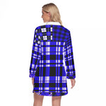 FLEXIN PLAID BLUE Women's Lapel Shirt Dress With Long Sleeve