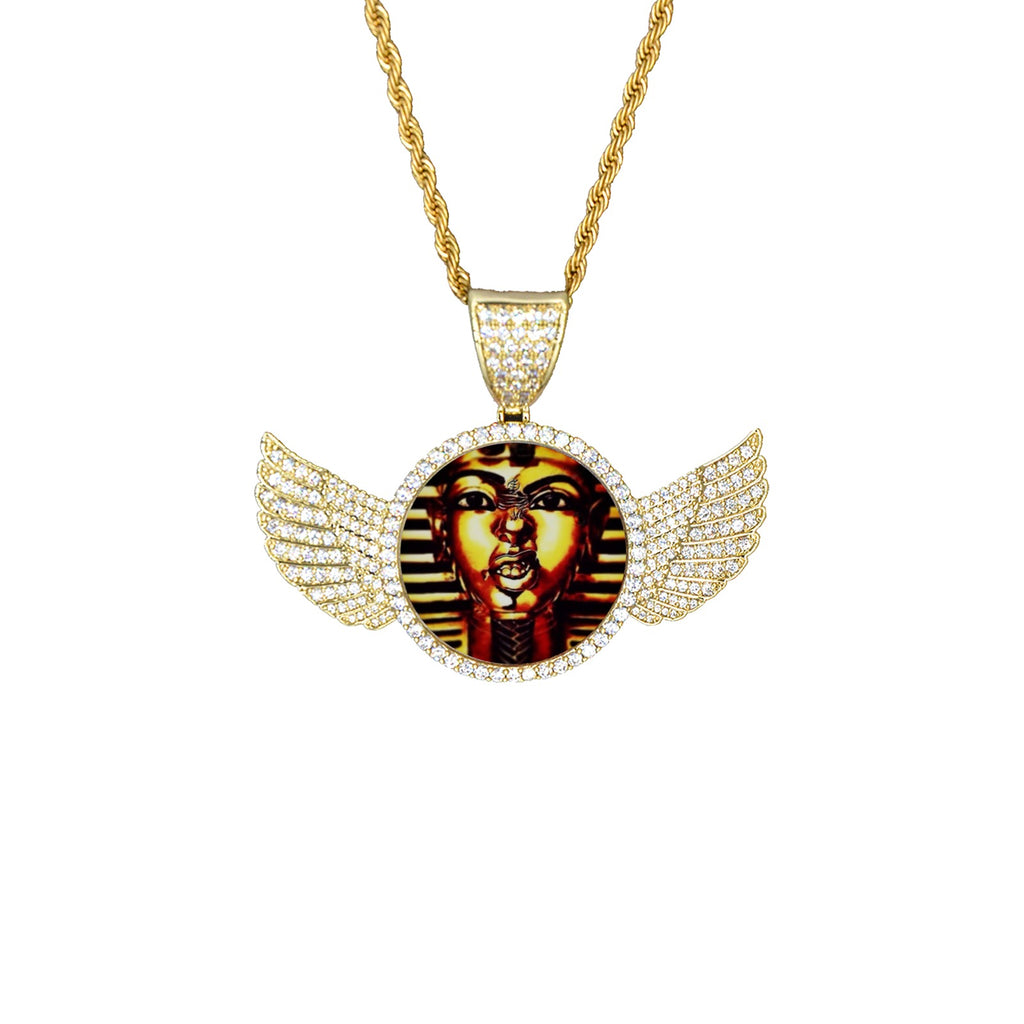 THUG PHAROAH Wings Gold Photo Pendant with Rope Chain