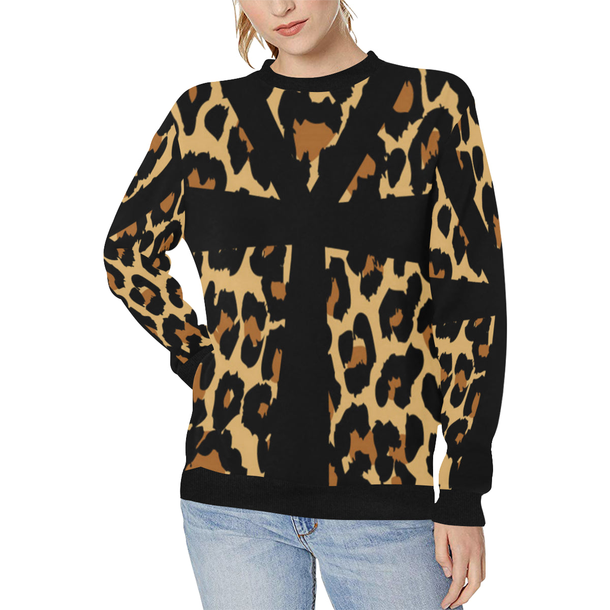 CHEETAH ANKH Women's Rib Cuff Crew Neck Sweatshirt