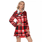 FLEXIN PLAID RED Women's Lapel Shirt Dress With Long Sleeve