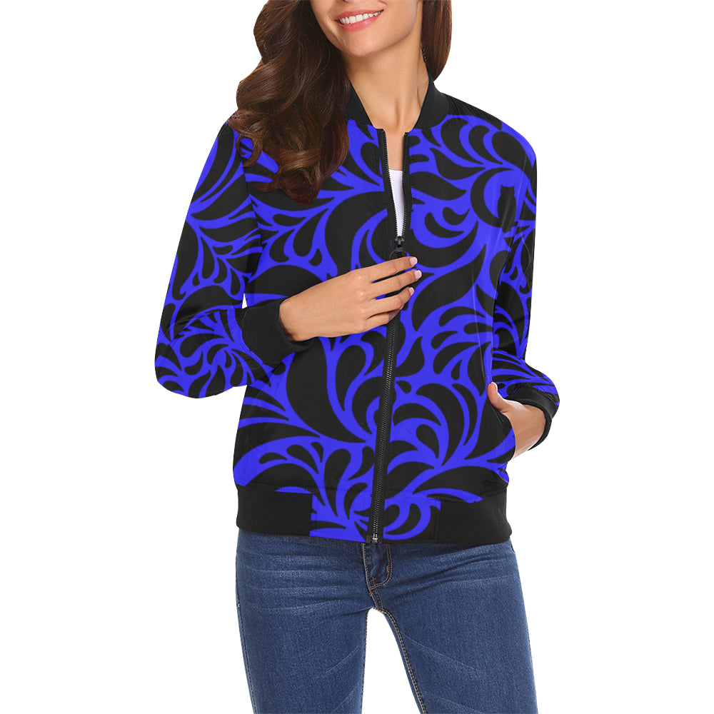 GORGIOUS LEAF BLUE All Over Print Bomber Jacket for Women