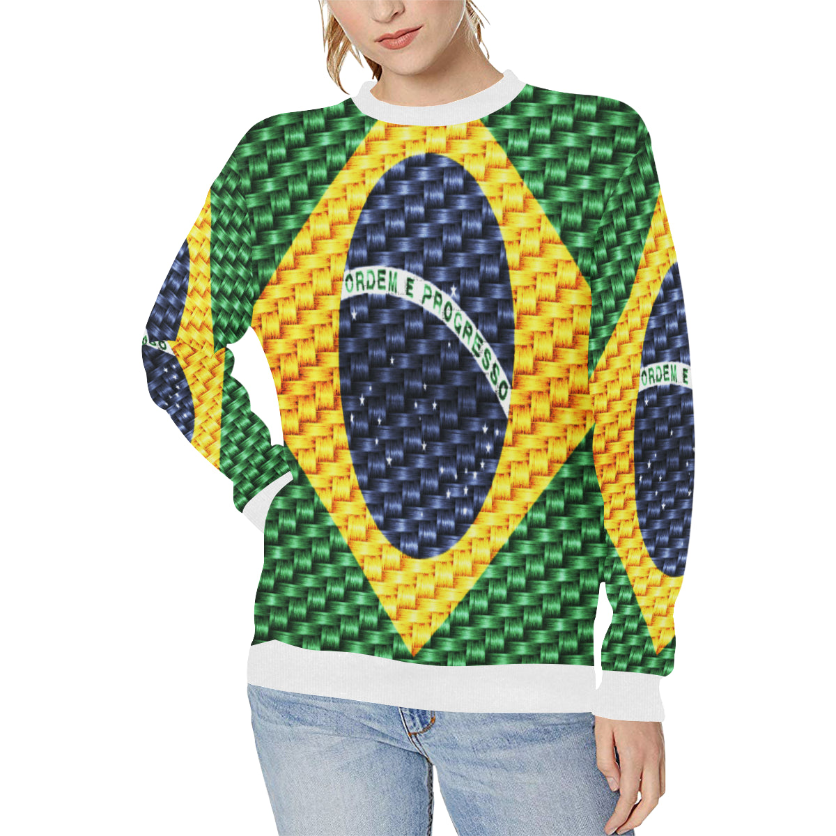 BRASIL FLAG Women's Rib Cuff Crew Neck Sweatshirt