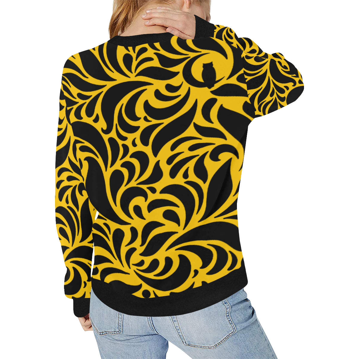GORGIOUS LEAF YELLOW Women's Rib Cuff Crew Neck Sweatshirt (Model H34)