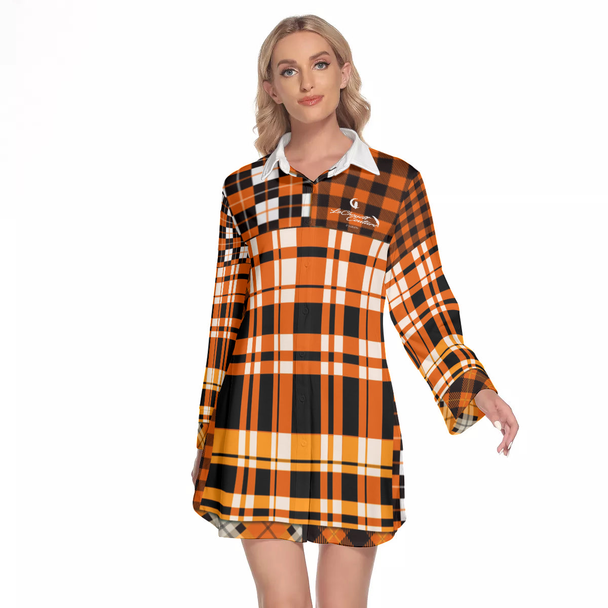 FLEXIN PLAID ORANGE Women's Lapel Shirt Dress With Long Sleeve