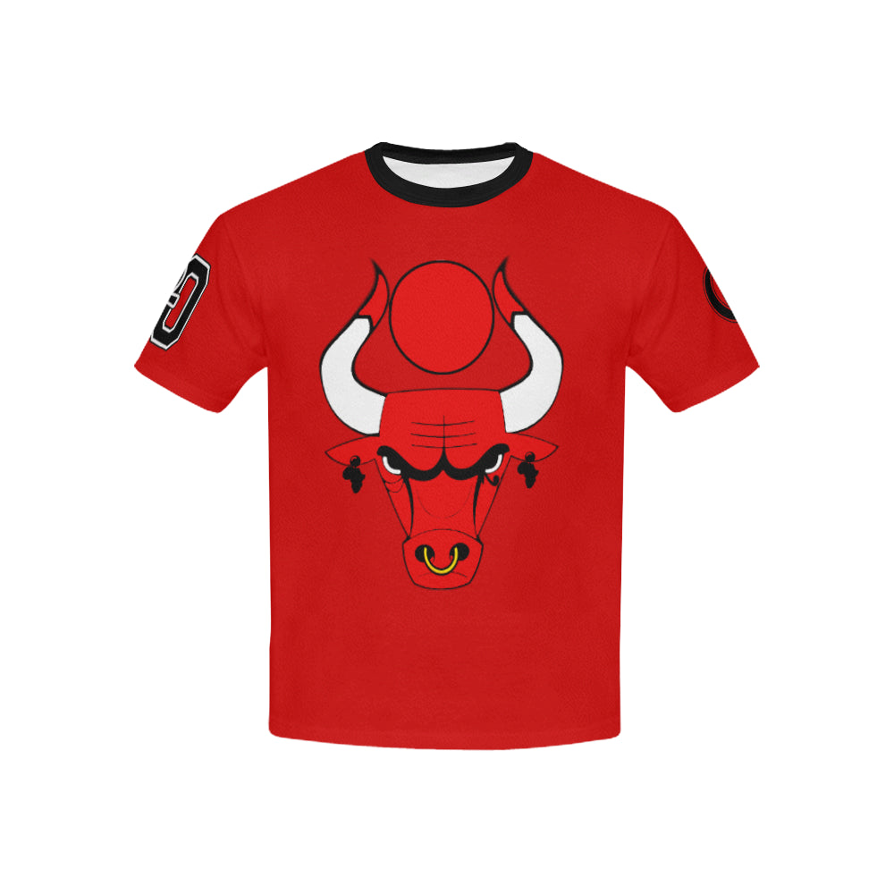 HATHOR BULLS RED Kids' All Over Print T-Shirt with Solid Color Neck