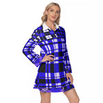 FLEXIN PLAID BLUE Women's Lapel Shirt Dress With Long Sleeve