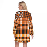 FLEXIN PLAID ORANGE Women's Lapel Shirt Dress With Long Sleeve