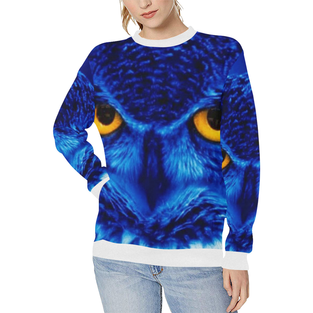 FLASHY BLUE OWL Women's Rib Cuff Crew Neck Sweatshirt (Model H34)
