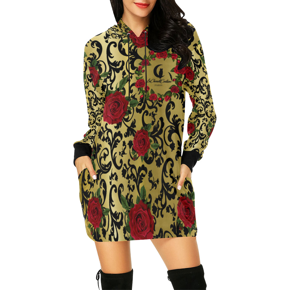 RED ROSES GOLD All Over Print Hoodie Mini Dress
