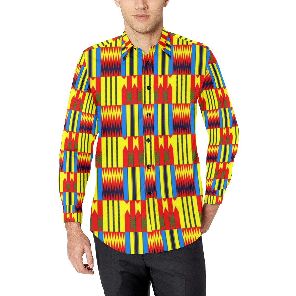 KENTE BLUE Men's All Over Print Casual Dress Shirt