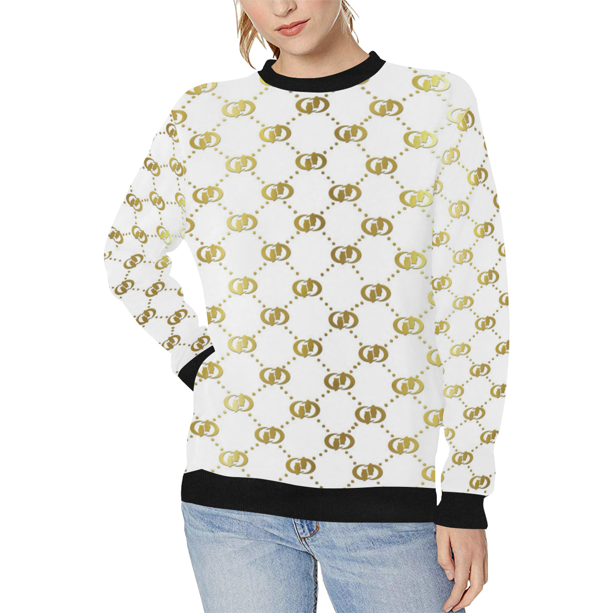 EXCELLENCE WHTGLD Women's Rib Cuff Crew Neck Sweatshirt (Model H34)
