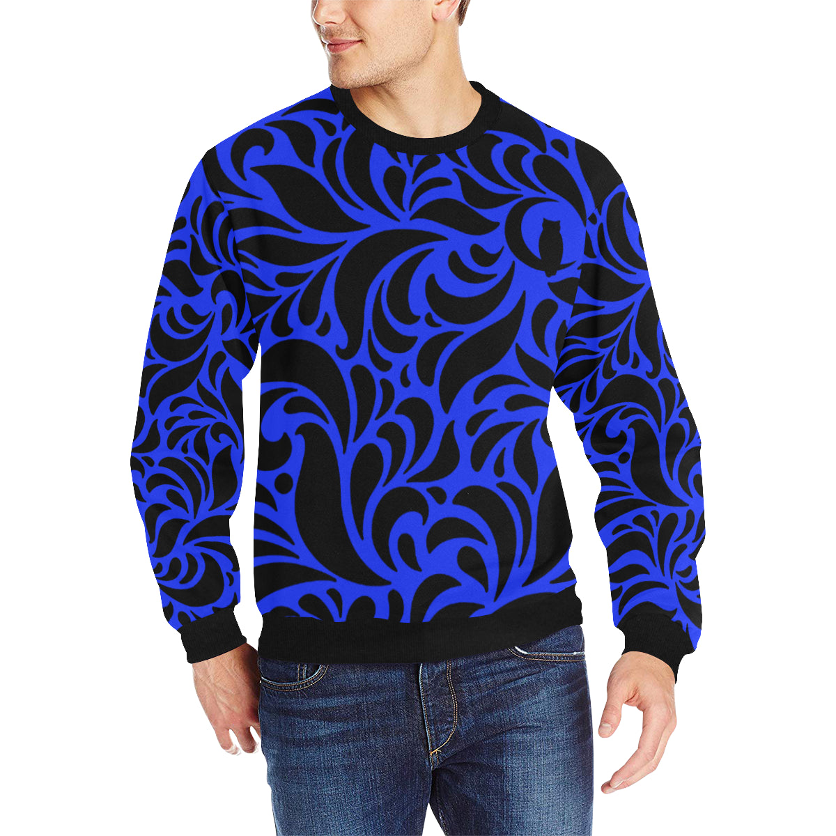 GORGIOUS BLUE LEAF Men's Rib Cuff Crew Neck Sweatshirt