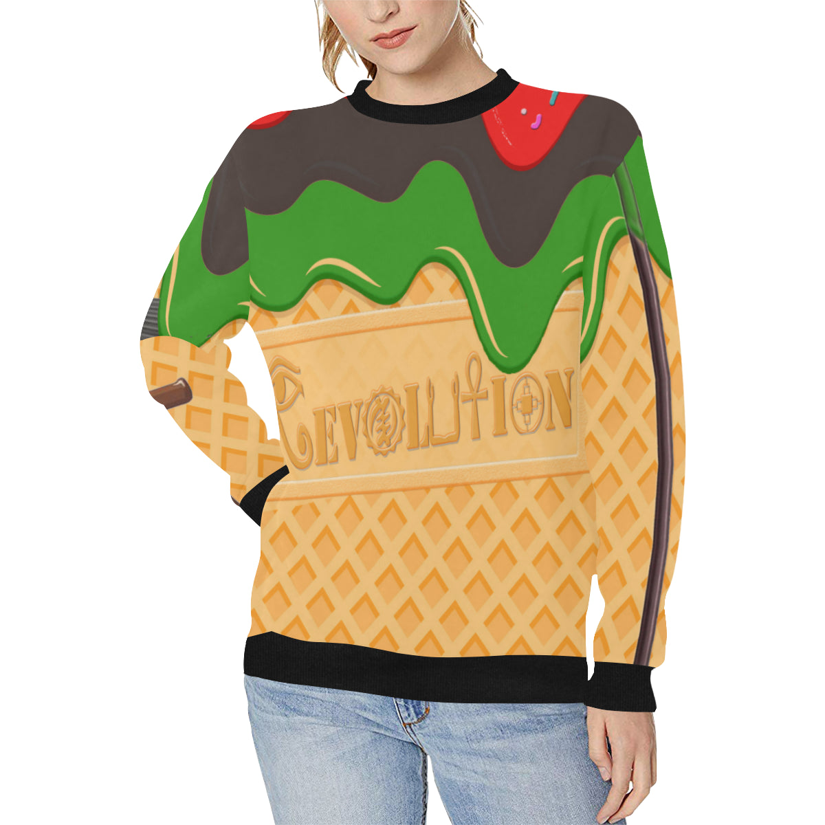 RBG ICE CREAM Women's Rib Cuff Crew Neck Sweatshirt (Model H34)