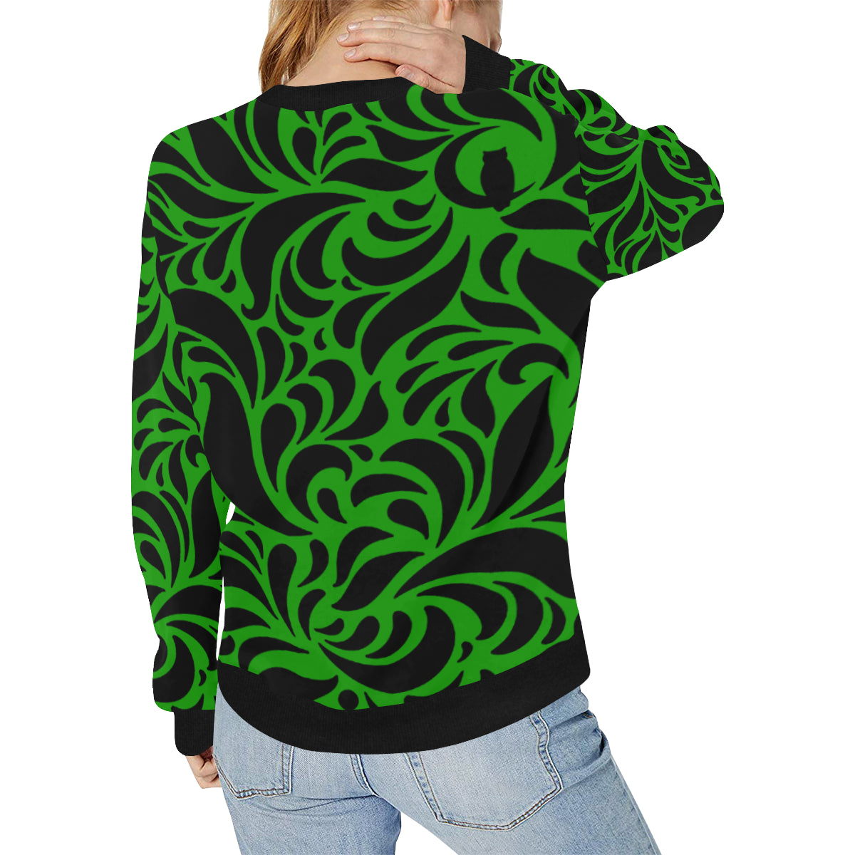 GORGIOUS LEAF GREEN Women's Rib Cuff Crew Neck Sweatshirt (Model H34)
