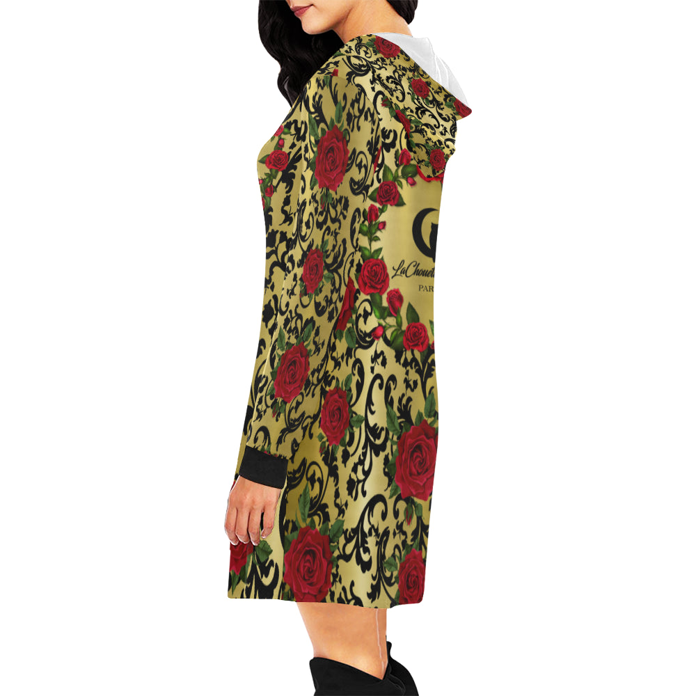 RED ROSES GOLD All Over Print Hoodie Mini Dress