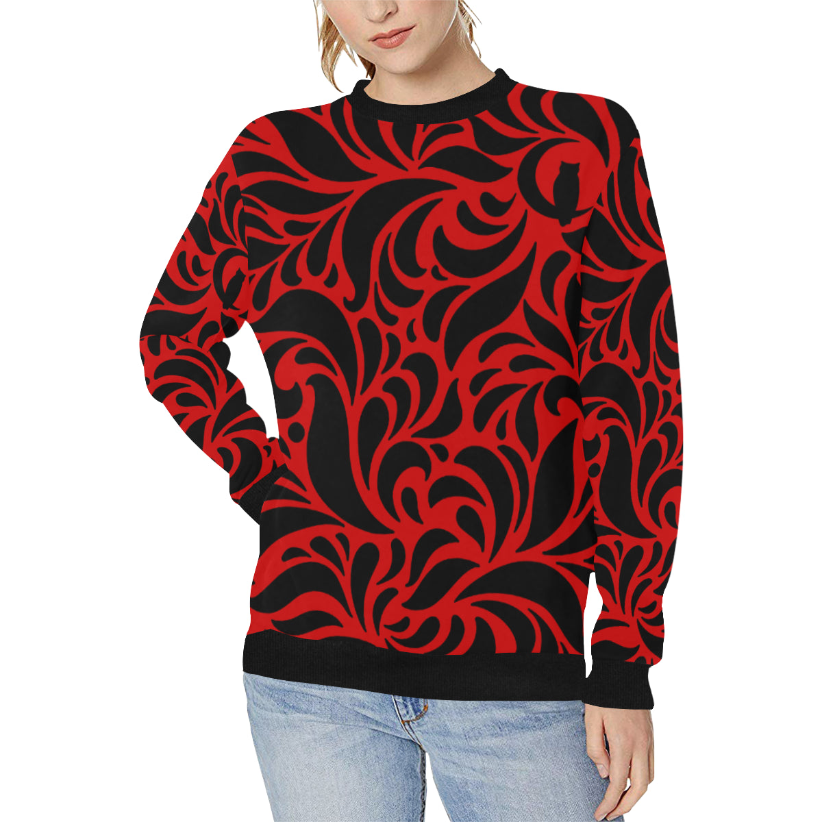 GORGIOUS LEAF RED Women's Rib Cuff Crew Neck Sweatshirt
