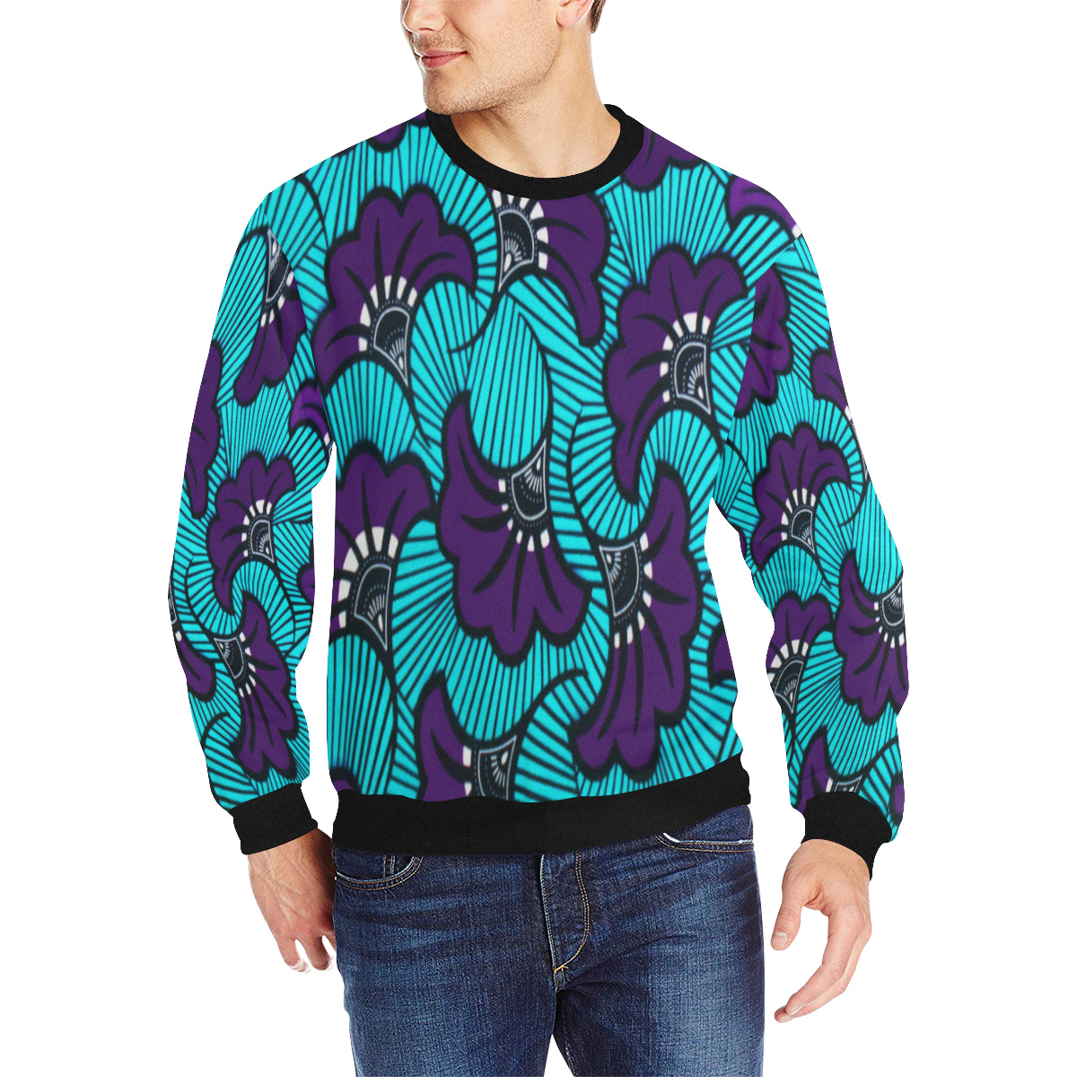 AFRIKA FLOWER Men's Rib Cuff Crew Neck Sweatshirt