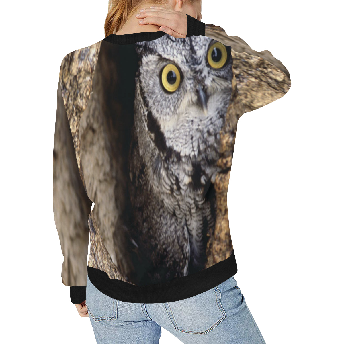 OWL IN HOLE Women's Rib Cuff Crew Neck Sweatshirt (Model H34)