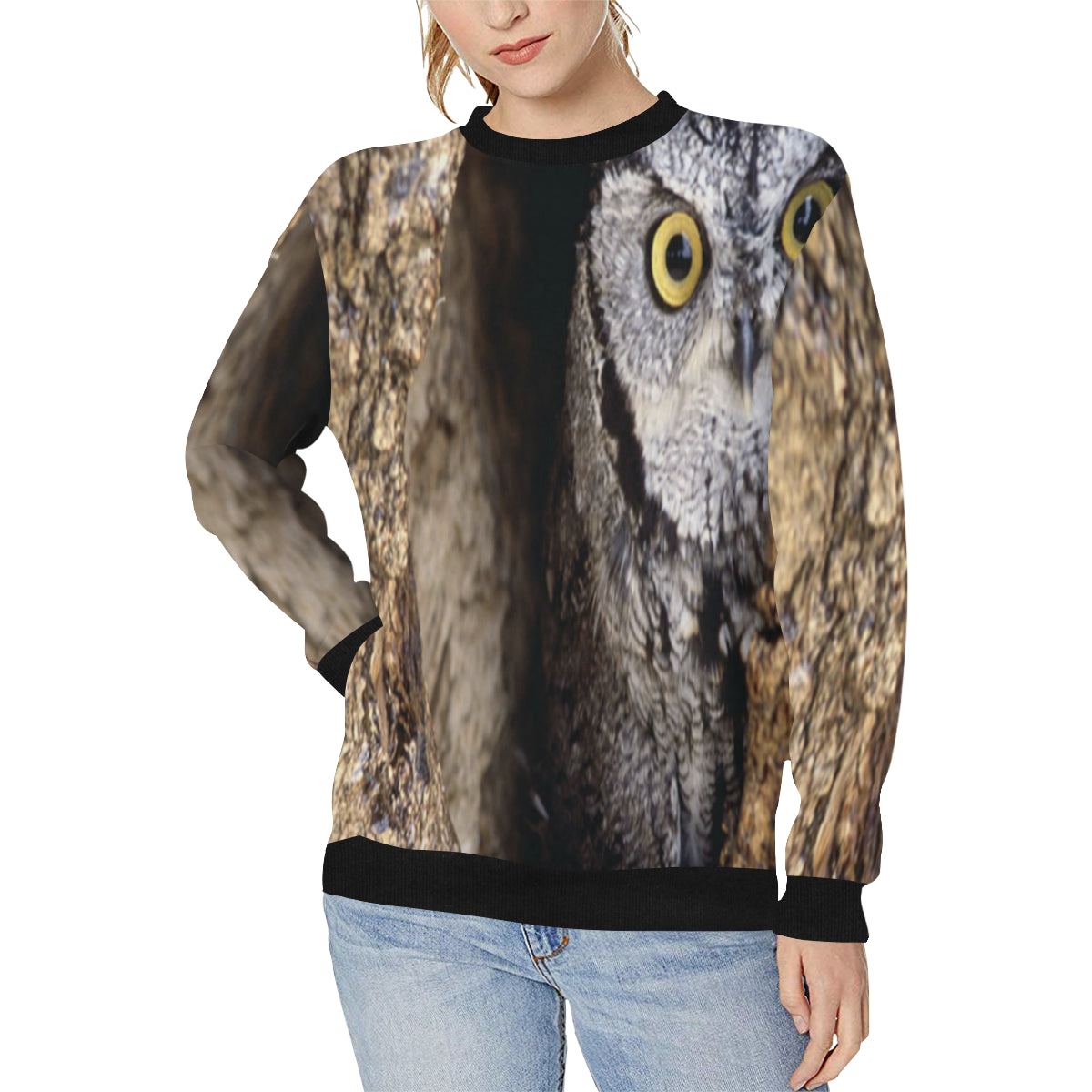 OWL IN HOLE Women's Rib Cuff Crew Neck Sweatshirt (Model H34)