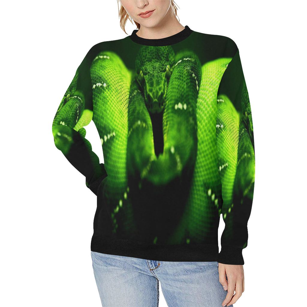 SNAKE GREEN Women's Rib Cuff Crew Neck Sweatshirt (Model H34)