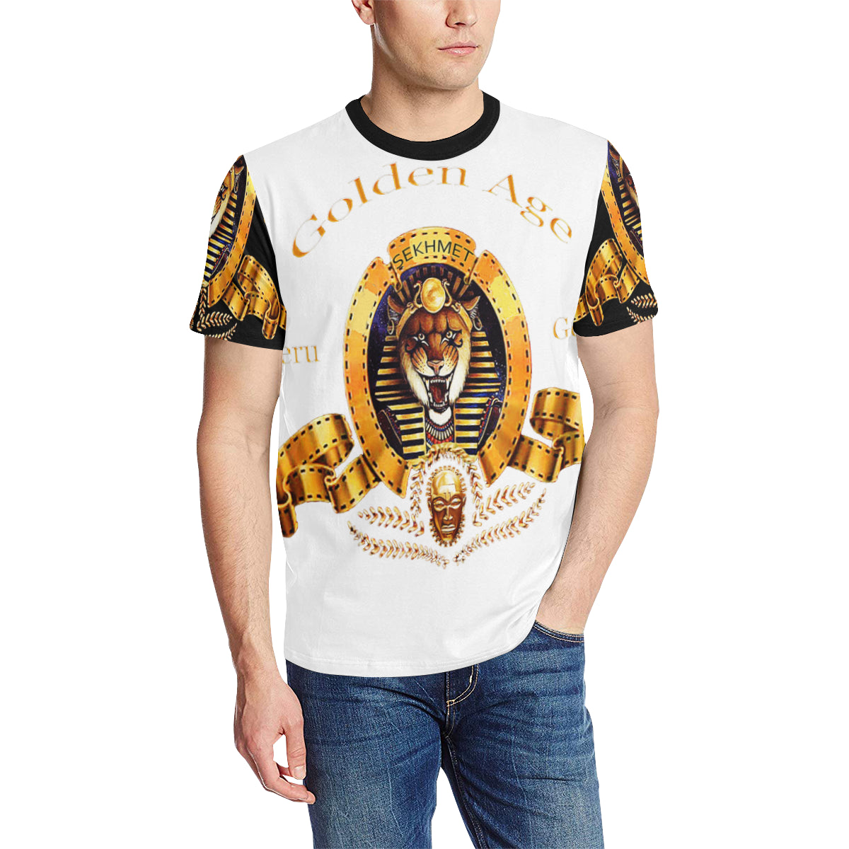 SEKHMET GODDESS Men's All Over Print T-Shirt (Solid Color Neck) (Model T63)