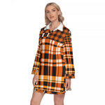 FLEXIN PLAID ORANGE Women's Lapel Shirt Dress With Long Sleeve