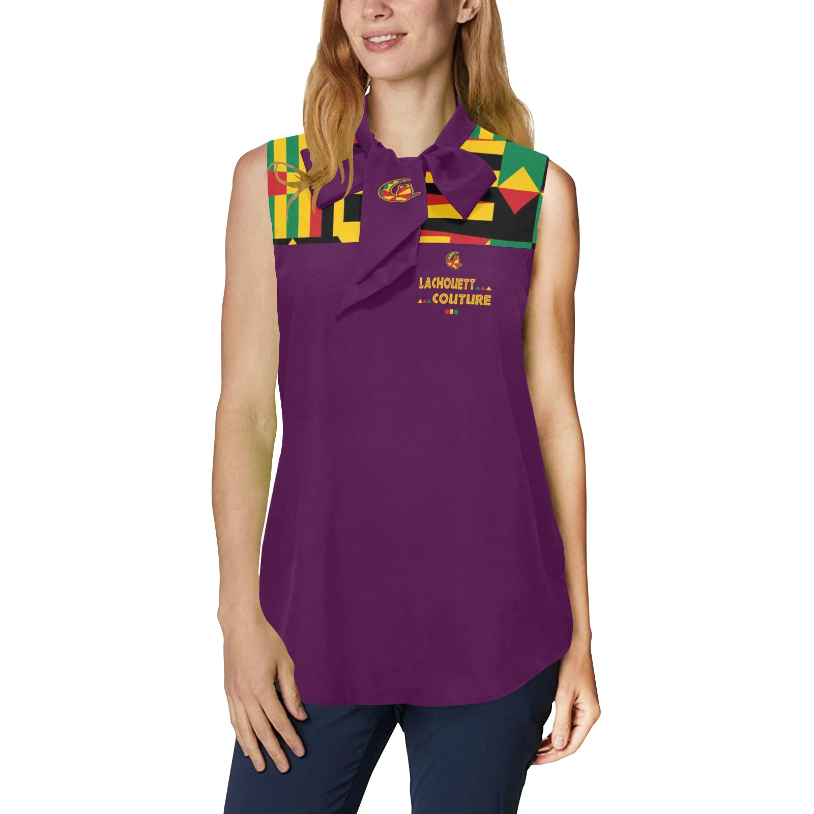 KENTE BUTAN Women's Bow Tie V-Neck Sleeveless Shirt
