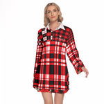 FLEXIN PLAID RED Women's Lapel Shirt Dress With Long Sleeve