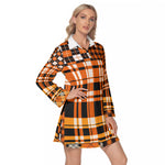 FLEXIN PLAID ORANGE Women's Lapel Shirt Dress With Long Sleeve