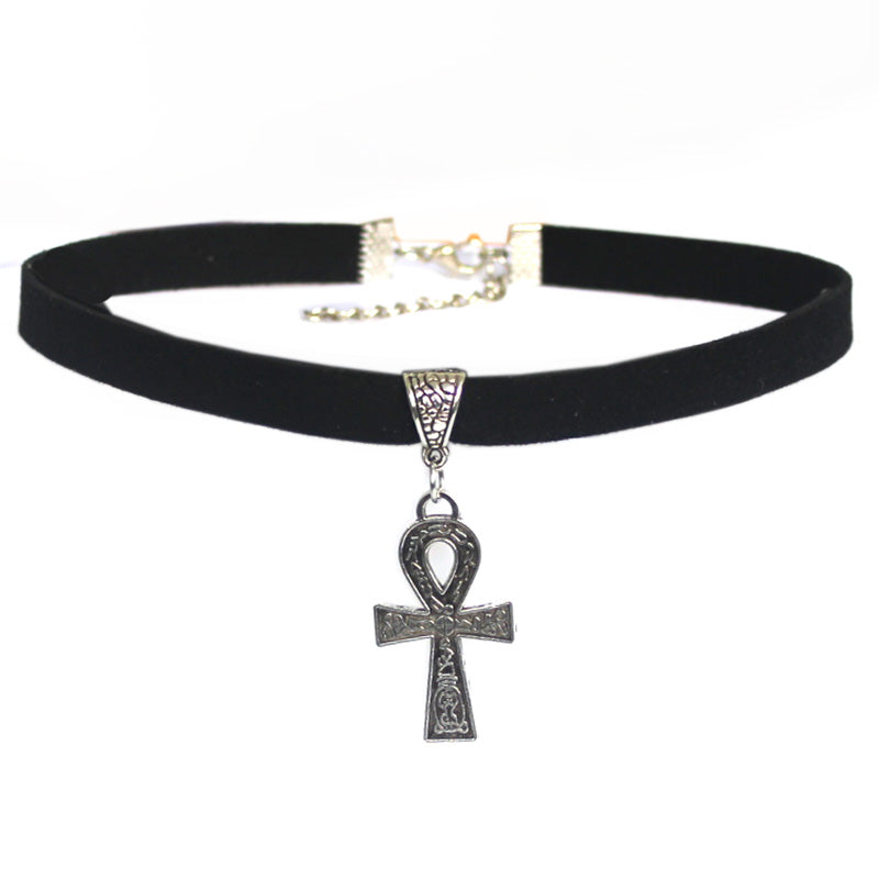 Women Egypt Ankh Choker Necklace Black Faux Suede Cords Fashion Jewelry