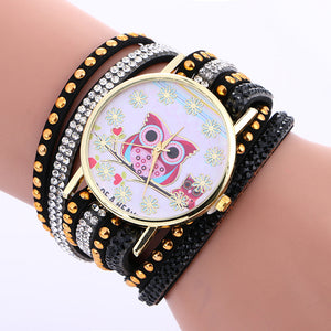 Fashion Owl Pattern Chimes Leather Bracelet Lady Womans Wrist Watch