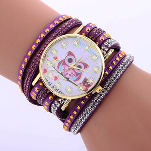 Fashion Owl Pattern Chimes Leather Bracelet Lady Womans Wrist Watch