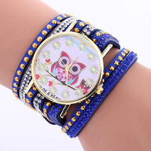 Fashion Owl Pattern Chimes Leather Bracelet Lady Womans Wrist Watch