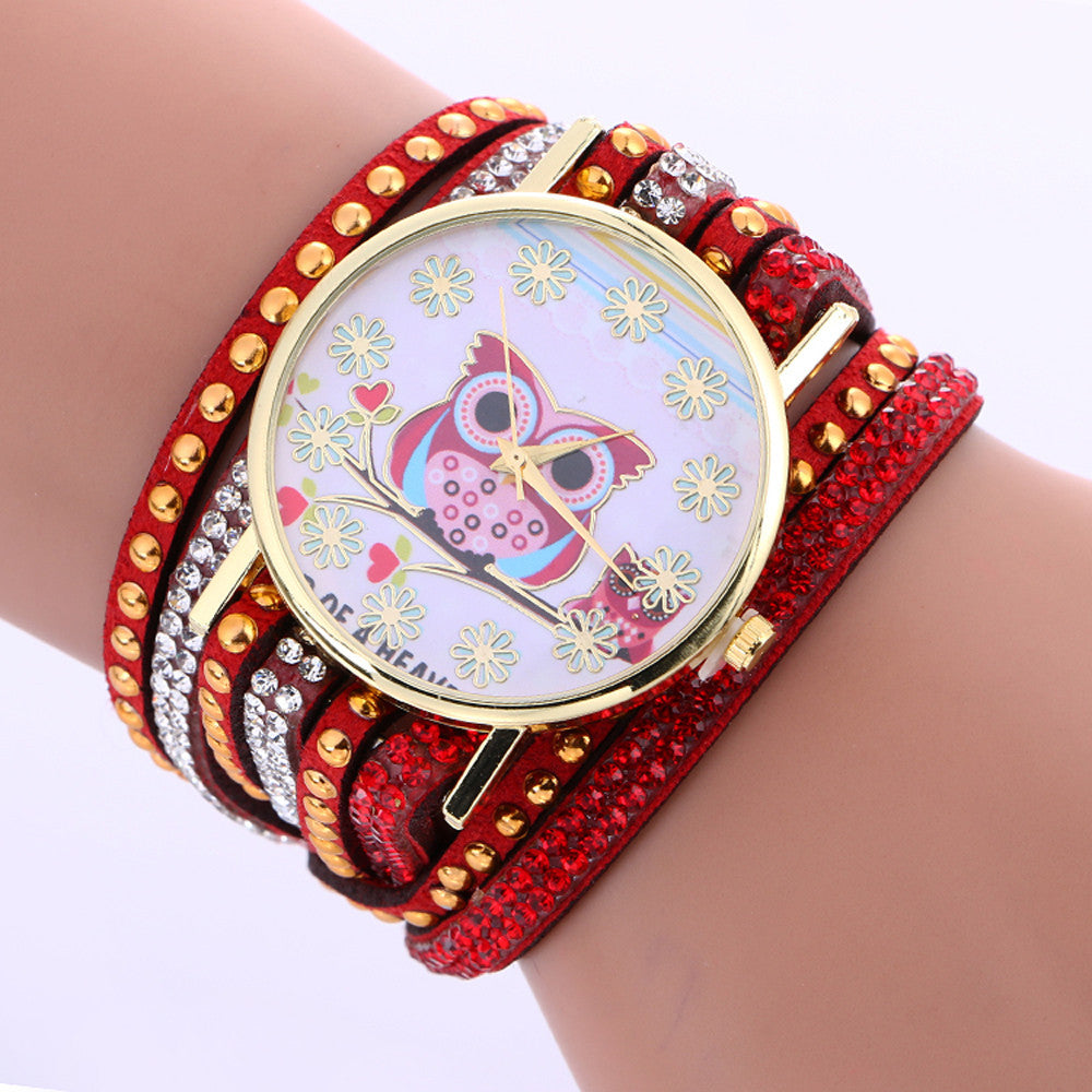 Fashion Owl Pattern Chimes Leather Bracelet Lady Womans Wrist Watch