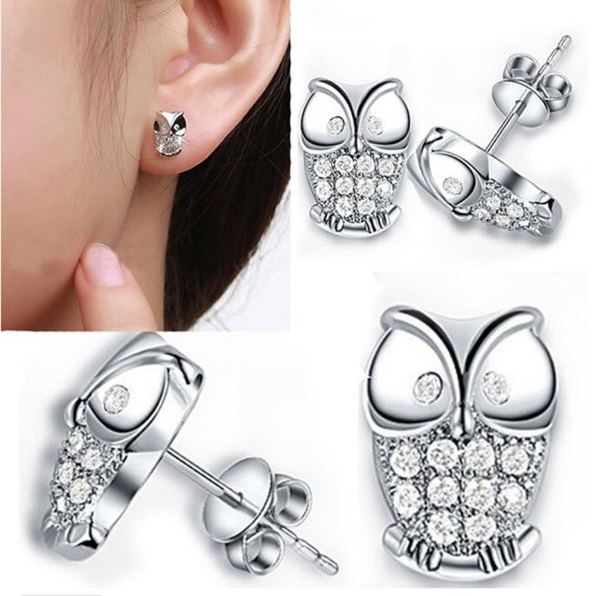 1Pair Shinny Crystal Owl  Stud Earrings