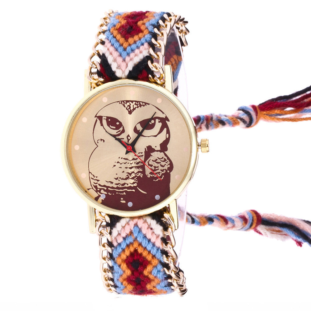 Women Owl Knitted Weaved Rope Band Bracelet Quartz Dial Wrist Watch