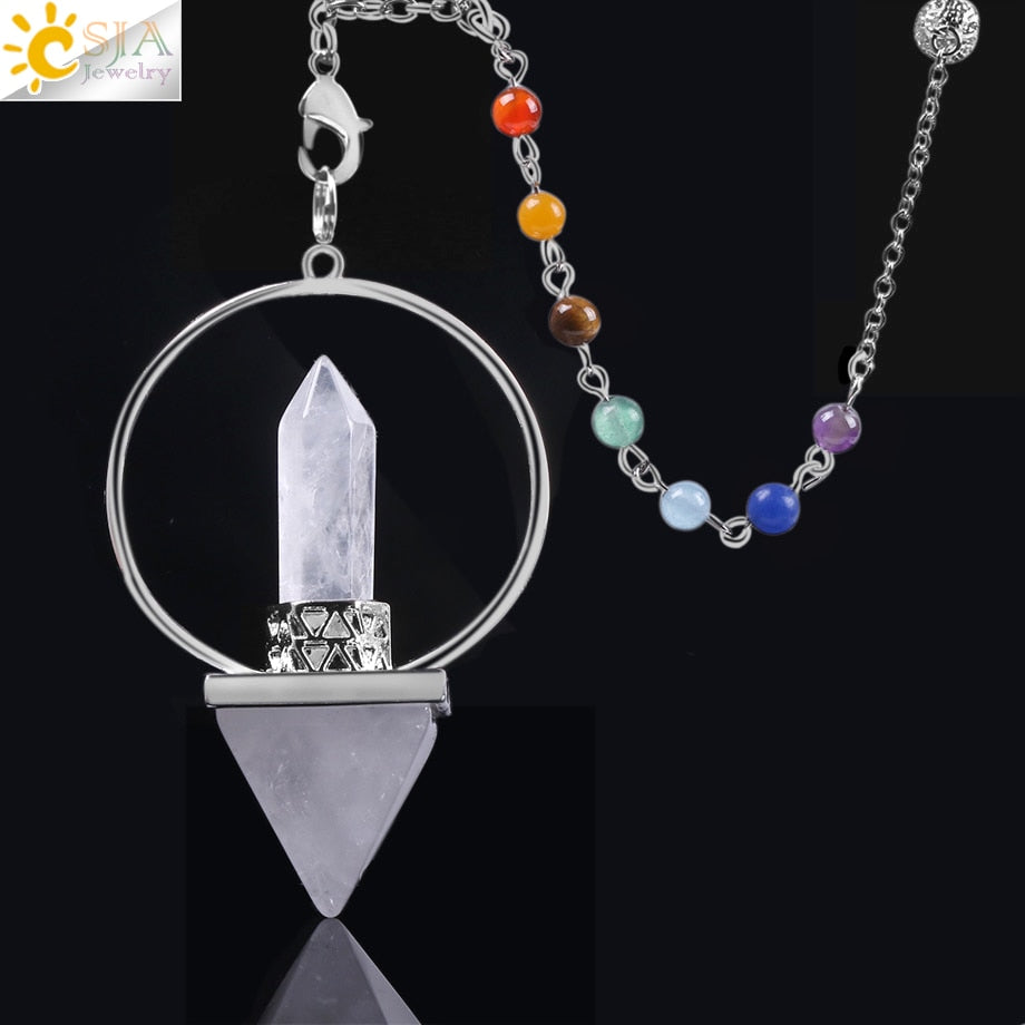Reiki Healing 7 Chakra Natural Stone Pendulum for Dowsing Hexagonal Pyramid White Pink Crystal Obsidian Pendants