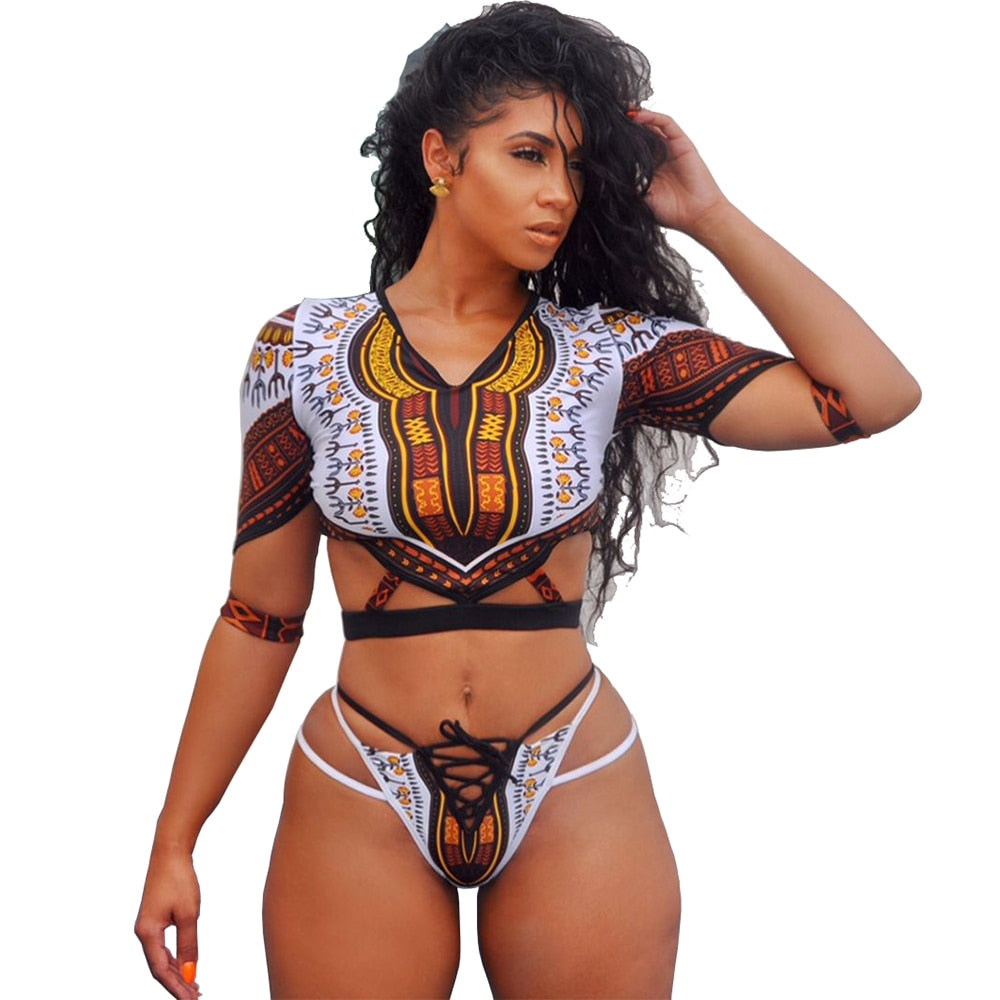 Short Sleeve Dashiki  Thong Bikini Set