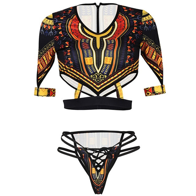 Short Sleeve Dashiki  Thong Bikini Set