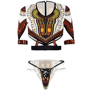 Short Sleeve Dashiki  Thong Bikini Set