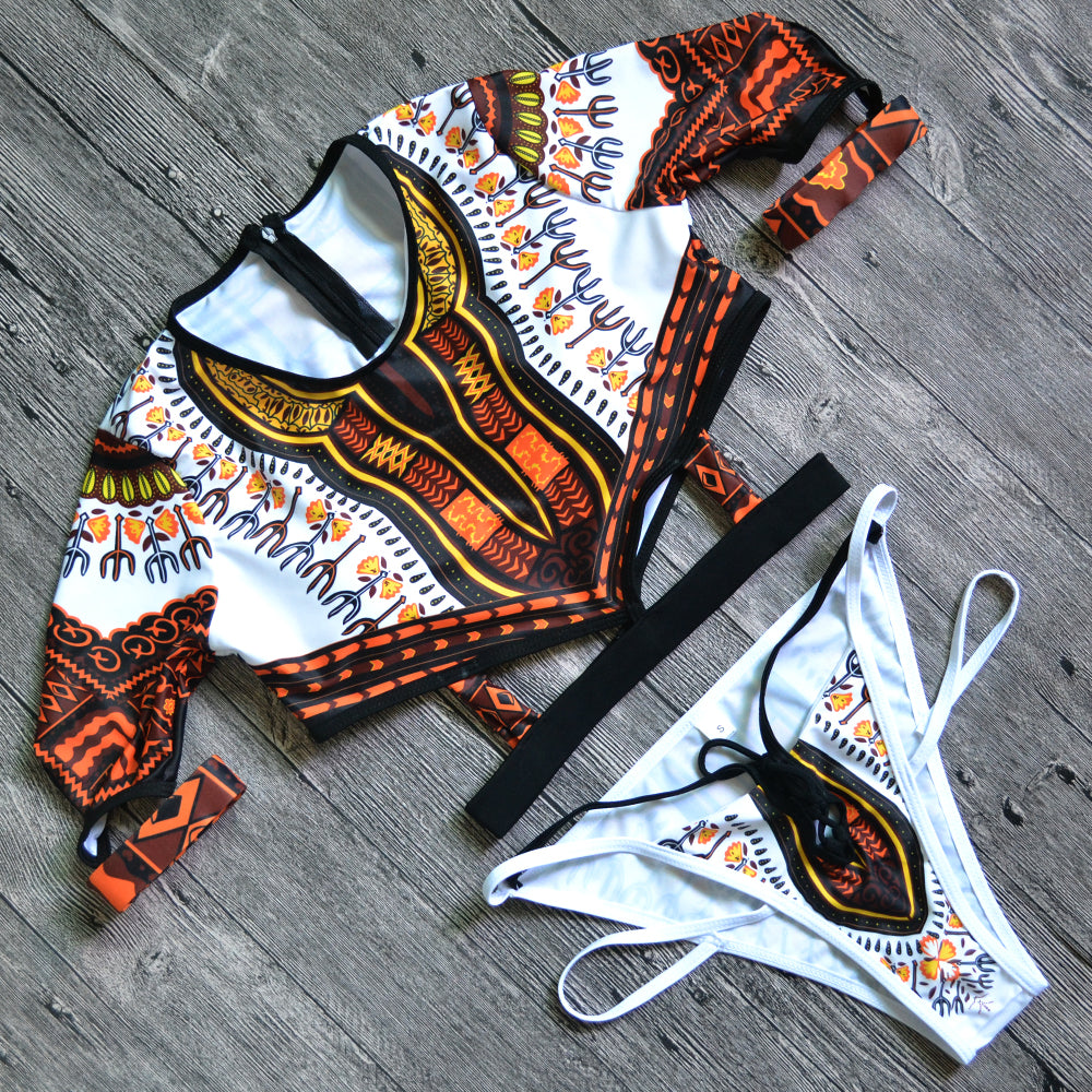 Short Sleeve Dashiki  Thong Bikini Set