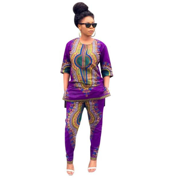 Women Fashion Casual Dashiki Print Tops+Pants