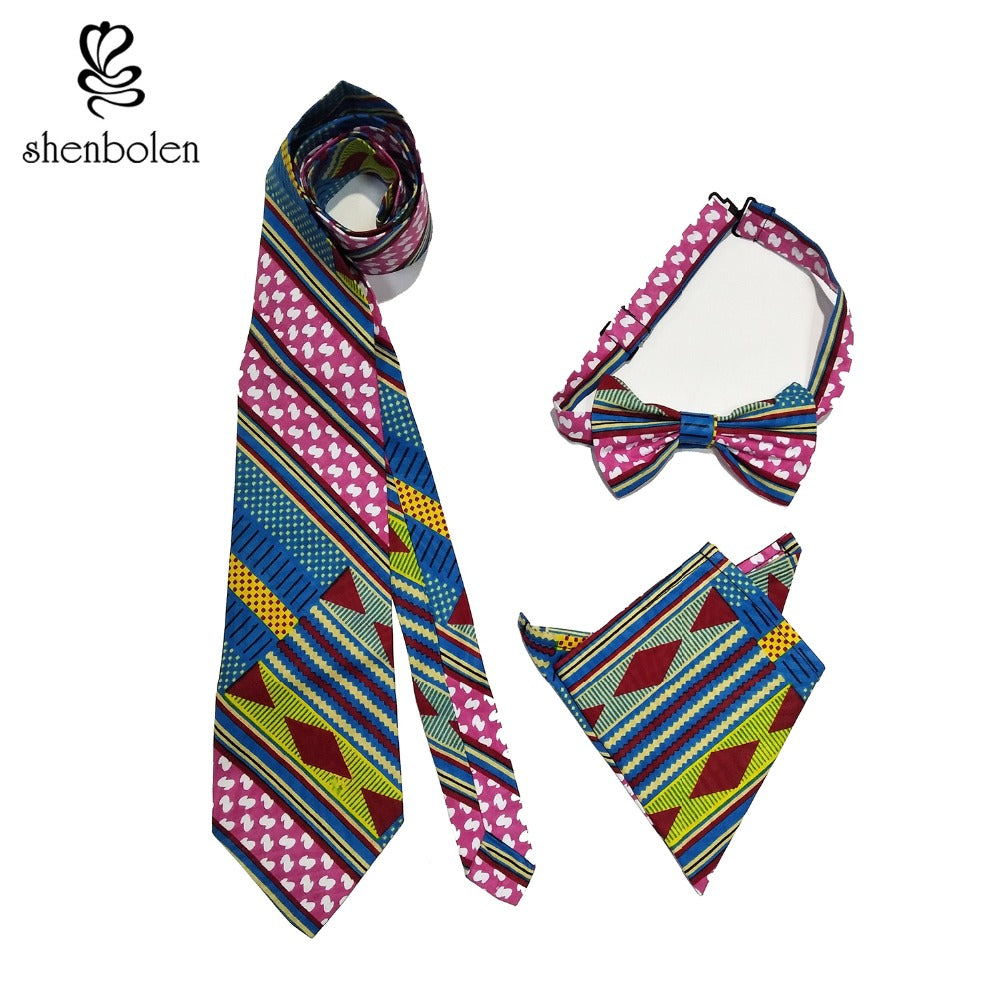 3 Pieces Men's Ankara Print Necktie Bow Tie Pocket Square