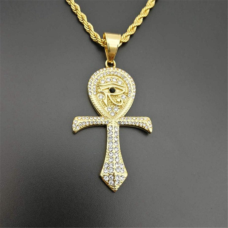 Hip Hop Iced Out Ankh Cross Pendant Necklace Gold